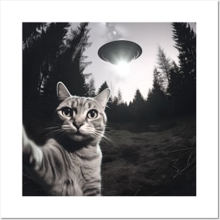 Cat took a selfie with UFO, Black and White Version Posters and Art